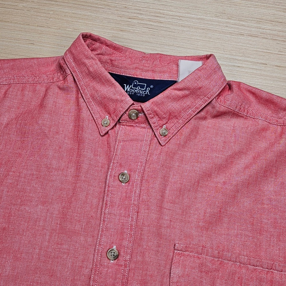 Vintage Woolrich Chambray Button Up Mens XL Red Short Sleeve Pocket Casual Shirt